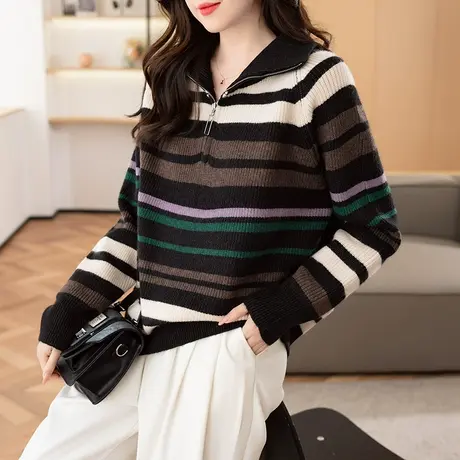 2023秋冬新款韩版宽松翻领拉链条纹针织衫女士百搭套头毛衣打底衫商品大图