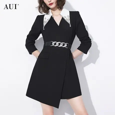 AUI黑色御姐气质西装外套女2023秋新款高级感不对称修身长袖西服图片
