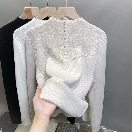 一体绒半高领毛衣女加绒厚打底衫2024秋冬新款蕾丝针织衫内搭上衣商品大图