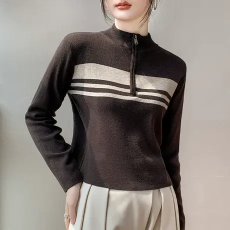 半高领半拉链条纹长袖针织衫女2023秋冬新款设计感宽松休闲打底衫商品大图