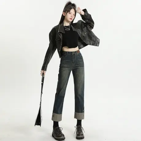 拼接直筒牛仔裤女春秋2024年新款高腰显瘦法棍裤小个子九分烟管裤商品大图