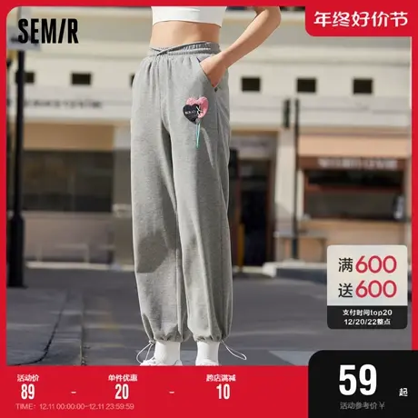 森马休闲裤女华夫格长裤2022秋季跑步针织裤子松紧腰慢跑裤宽松潮商品大图