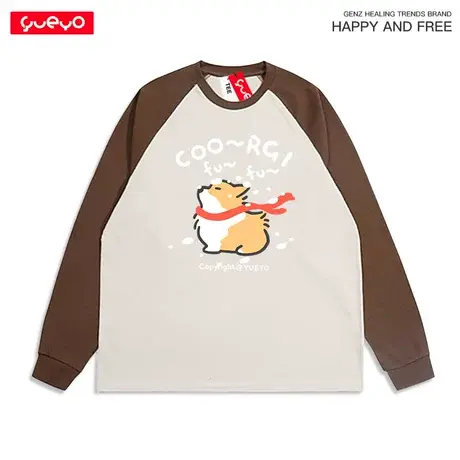 悦游 红围巾柯基 下雪天日系拼色长袖T恤男原创秋冬重磅纯棉商品大图