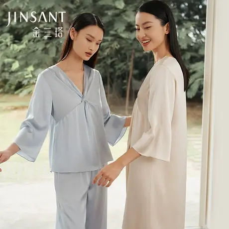 真丝睡衣女100%桑蚕丝时尚扭结简约衣裤套舒适睡裙女家居服金三塔图片