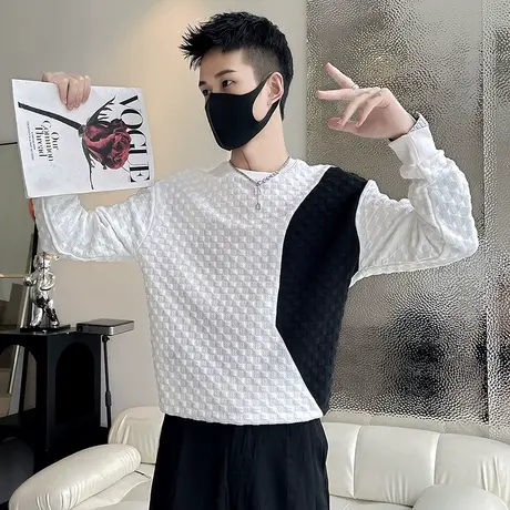 高级感男卫衣春秋季新款潮流华夫格拼色上衣外套ins小众长袖T恤衫商品大图