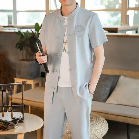 新中式唐装男短袖套装中国风夏装冰丝复古汉服青年中山装佛系男装图片