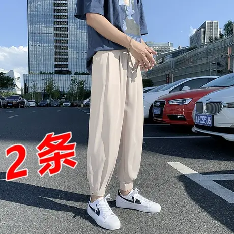 夏季裤子男韩版潮流宽松直筒束脚九分抽绳薄款休闲工装冰丝运动裤商品大图