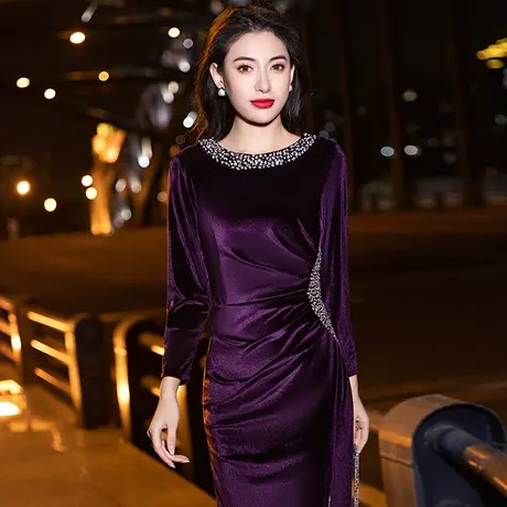 晚礼服女妈妈装婚宴喜婆婆婚礼紫色丝绒宴会长袖冬连衣裙气质优雅商品大图