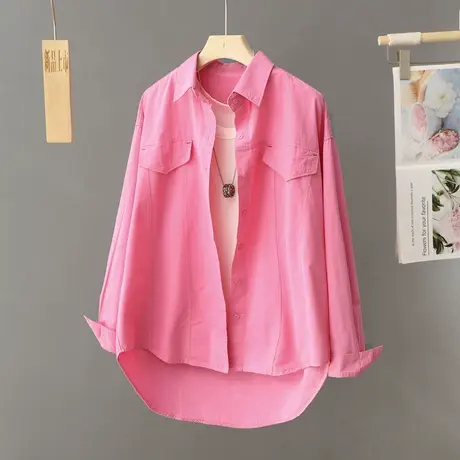 2024新款春季韩系宽松玫红色衬衫外套女中长款休闲上衣慵懒风衬衣商品大图