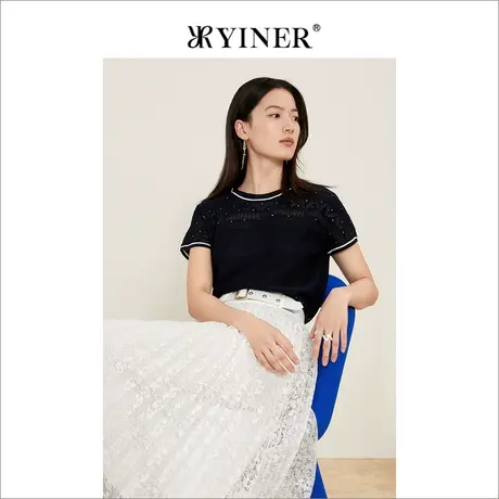 YINER音儿线上专选女装2022夏季亮钻蕾丝提花针织衫套头商品大图