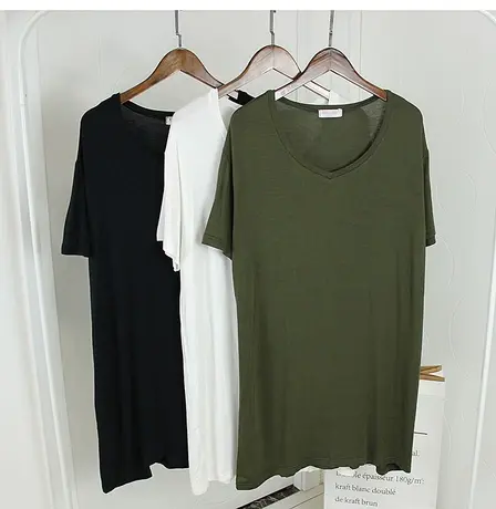 宽松大码莫代尔中长款白t恤夏季V领短袖小个子木代尔连衣裙女上衣商品大图