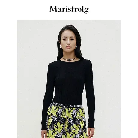 【羊绒打底】玛丝菲尔春新款黑色100%羊绒圆领毛针织衫女打底图片