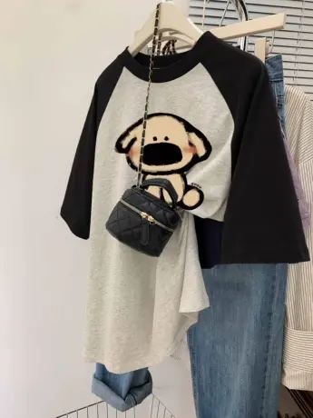 hiphop潮牌学院风纯棉T恤女夏ins嘻哈大码插肩袖设计感短袖上衣商品大图