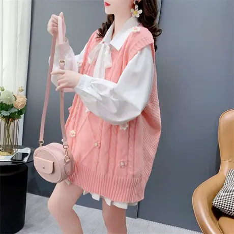 学院风甜美V领针织马甲背心女春季2024新款宽松洋气减龄无袖坎肩商品大图