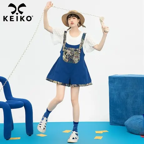 复古提花拼接蓝色背带短裤女2022夏季新款洋气减龄宽松阔腿短裤子图片