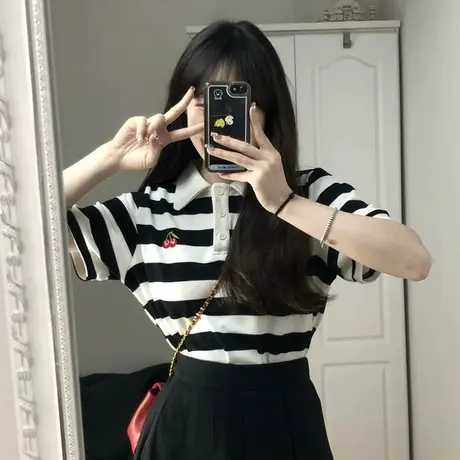 纯棉黑白条纹polo领短袖t恤女夏季ins潮牌宽松韩版设计感小众上衣商品大图