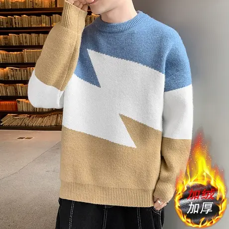 加绒加厚圆领毛衣男秋冬季新款针织衫男士线衣学生撞色个性外套潮图片