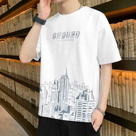 港士博2023新款印花短袖t恤男韩版纯棉打底衫潮流夏季男装上衣服商品大图