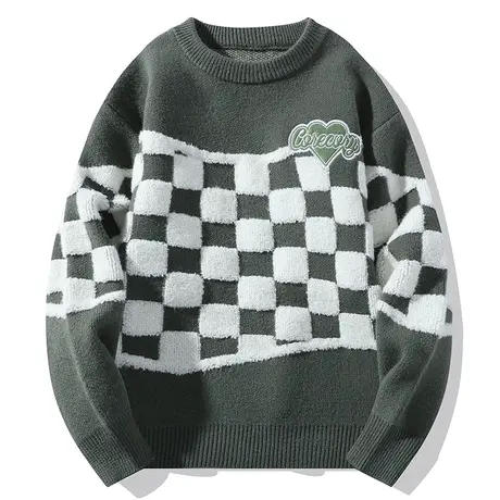 秋冬季棋盘格子毛衣男潮牌潮流慵懒风加厚保暖套头情侣羊毛针织衫商品大图