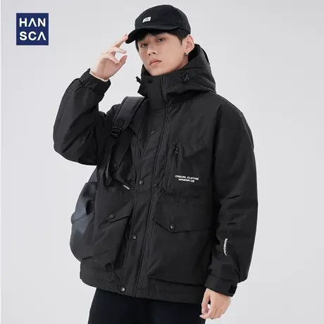 hansca日系百搭羽绒服男冬季鸭绒字母刺绣加厚保暖多口袋工装外套图片
