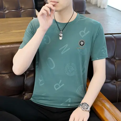 2024夏季新款男士冰丝短袖T恤加肥加大码宽松半袖体恤衫速干男装商品大图