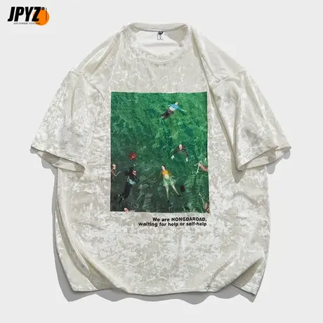 冰丝绒油画印花潮牌短袖男夏季2022新款宽松原宿风设计感半袖t恤商品大图