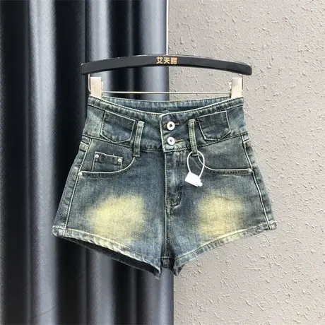 韩版阔腿裤女2024春夏新款重工磨白辣妹修身包臀高腰牛仔短裤热裤图片