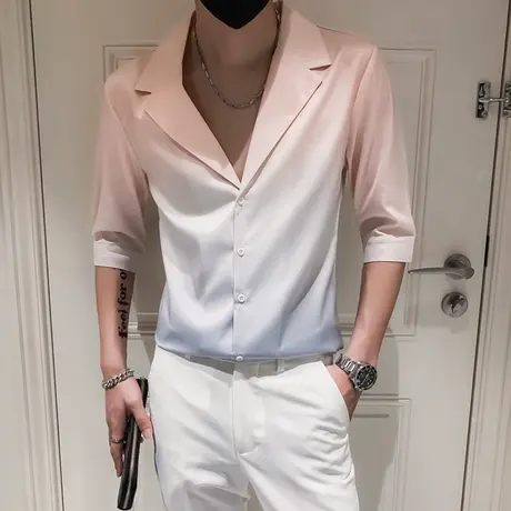 西装领休闲男士七分袖衬衫外套美发型师夜店个性渐变帅气短袖衬衣商品大图