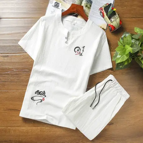 夏季棉麻套装男亚麻短袖t恤潮流v休闲中国风2023新款夏装一套男装图片