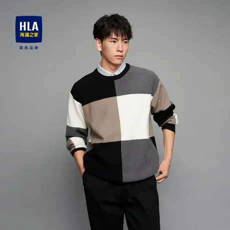 HLA/海澜之家格纹双领保暖针织衫秋冬季加厚假两件套头毛衣上衣男图片