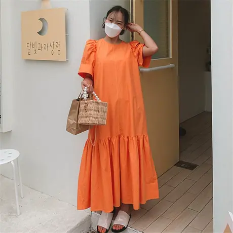 夏装荷叶边袖连衣裙女中长款韩版宽松时尚大码大裙摆休闲连衣裙潮图片