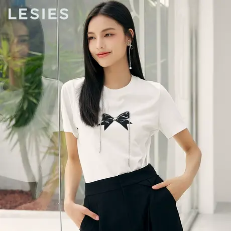 LESIES蓝色倾情夏季女装蝴蝶结印花水钻链条装饰套头针织T恤商品大图