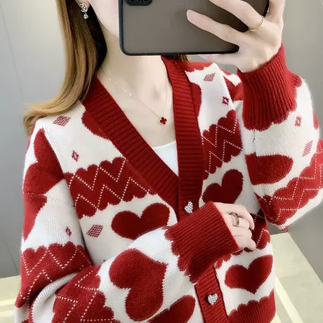 短款v领针织开衫女2023秋装新款宽松灯笼袖上衣外搭厚毛衣外套潮图片