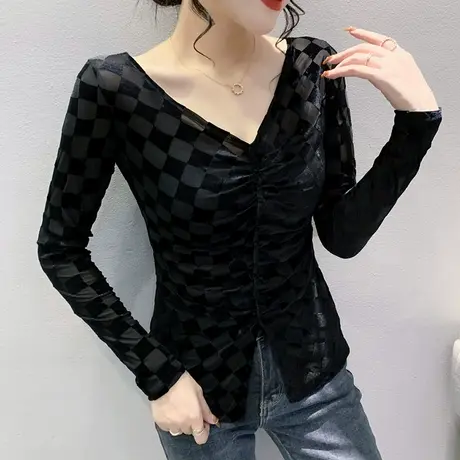 不规则开叉网纱上衣欧货气质性感V领T恤修身收腰打底衫女长袖春秋商品大图
