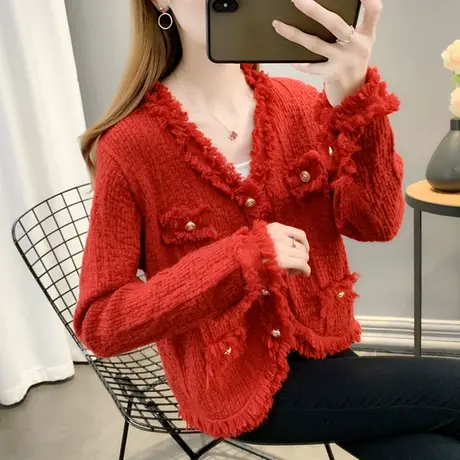 2023年秋季新款女上衣小香风针织开衫毛衣外套女小个子早春流行潮商品大图