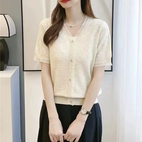冰丝针织衫女短袖2023夏季新款蕾丝春秋t恤薄款ins潮洋气百搭上衣商品大图