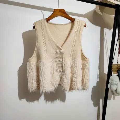 小香风针织马甲开衫女秋冬新款宽松v领毛毛拼接无袖毛衣背心外套商品大图