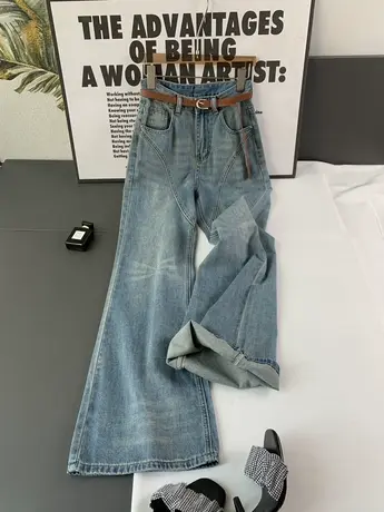 2023新款韩版高腰直筒牛仔微喇裤女早秋新款拼接阔腿宽松喇叭裤子商品大图