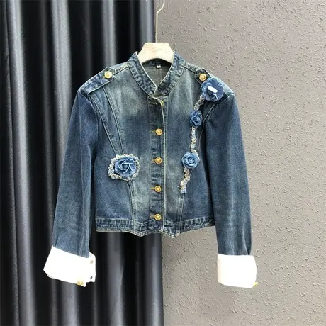 网红个性单排扣设计感牛仔外套女23秋季新款宽松显瘦立领百搭上衣图片