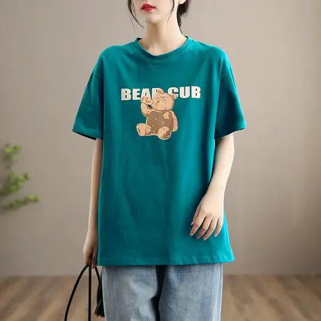 dza文艺复古圆领短袖T恤女士洋气内搭上衣新款春夏纯棉半袖打底衫商品大图