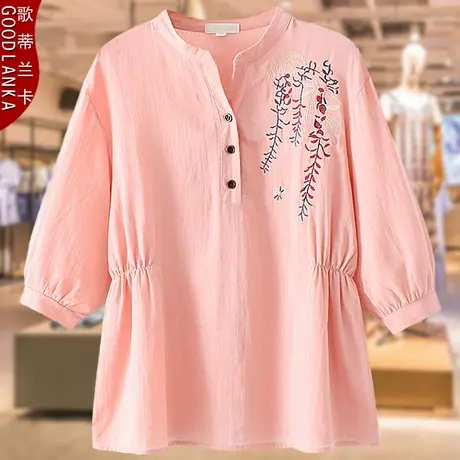中年妈妈装七分袖刺绣小衫春夏新款2022洋气大码女装棉麻衬衫上衣商品大图