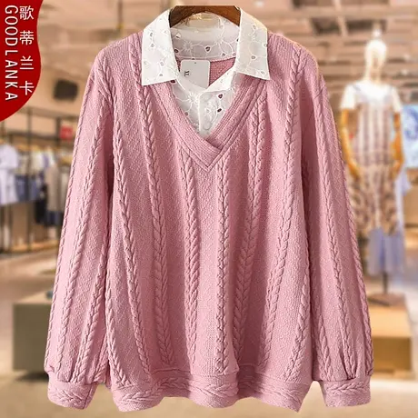 加肥加大码假两件毛衣女宽松200斤洋气时尚中年胖妈妈秋冬打底衫商品大图