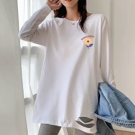 学生t恤女长袖中长款大码上衣2022年秋季宽松纯棉加厚磨毛打底衫商品大图