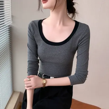 灰色长袖T恤女2023早秋新品西装大领口内搭修身正肩打底衫上衣图片