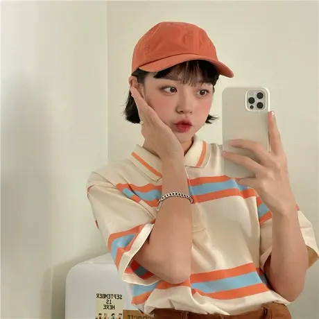 红续美式复古2023早春新款条纹翻领Polo衫学院风纯棉短袖T恤女ins图片