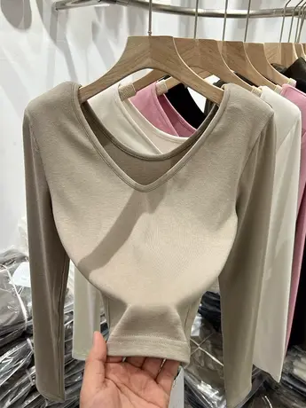 短款V领高腰显瘦羊绒打底上衣2023年春装女士修身纯色性感针织T恤商品大图