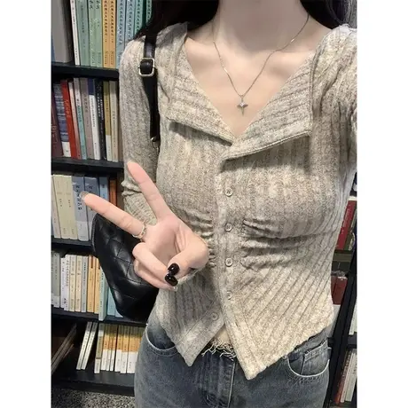 美式甜辣妹纯欲收腰针织衫女春秋修身高级感紧身短款上衣开衫外套图片