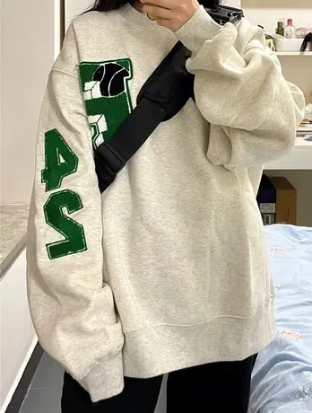 毛巾绣圆领卫衣女春秋薄款小个子宽松美式复古潮牌高级感套头上衣图片