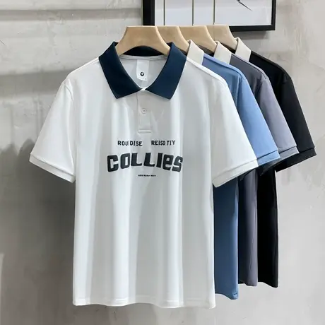 polo衫短袖男夏季宽松印花重磅冰丝棉t恤学院风撞色翻领半袖体恤商品大图