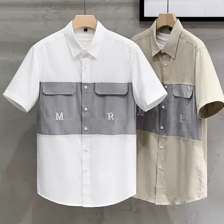撞色拼接衬衣男士休闲男装上衣服口袋衬衫男短袖夏季2023新款潮流商品大图